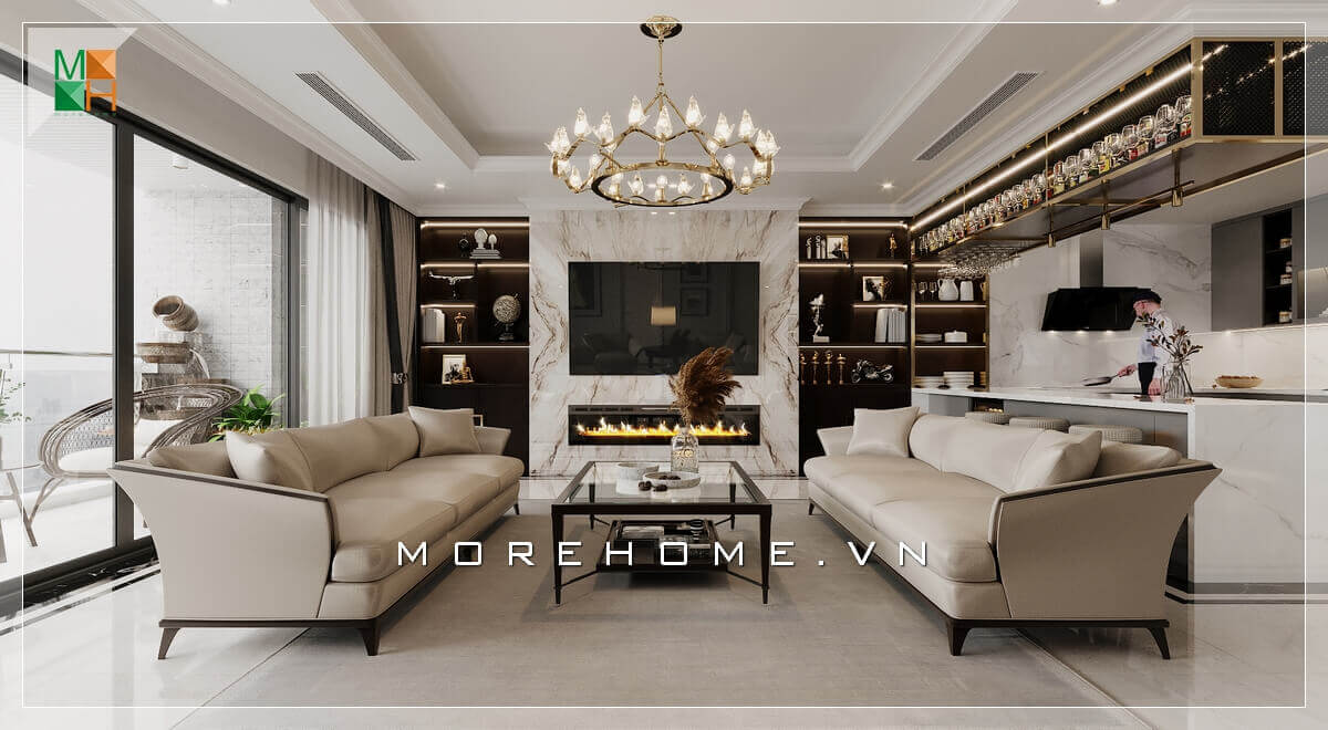 Mẫu kệ gỗ trang trí 2 bên cạnh tivi rất tiện lợi, vừa là kệ để đồ trang trí vừa thể hiện tính thẩm mỹ. Thiết kế nội thất phòng khách biệt thự