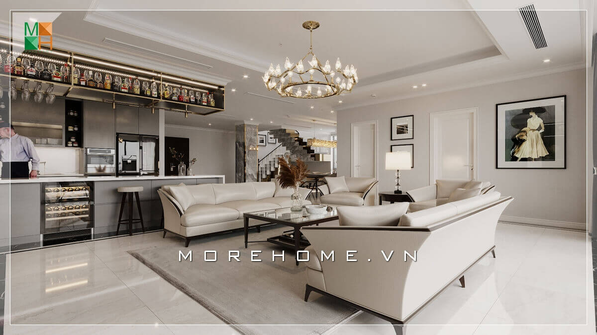 Với tone màu trắng chủ đạo thì bộ bàn ghế sofa cao cấp màu trắng là một sự kết hợp hoàn hảo tạo nên một không gian phòng khách sang trọng và tiện nghi, Thiết kế nội thất phòng khách biệt thự