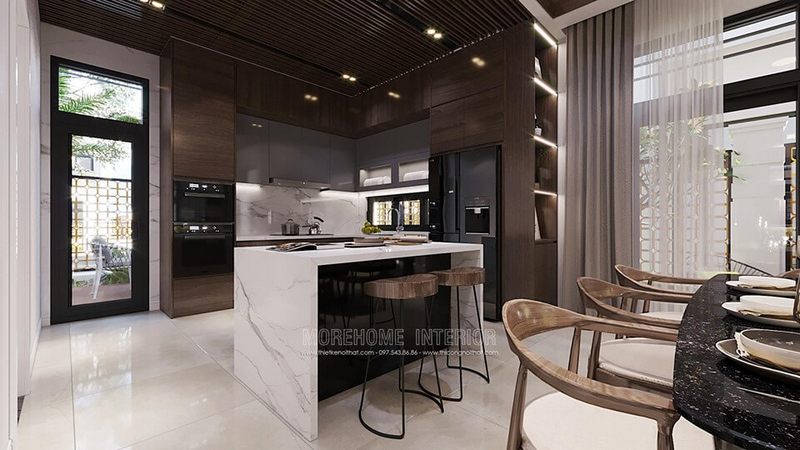 Mẫu thiết kế phòng bếp biệt thự theo phong cách hiện đại với chất lượng cao.